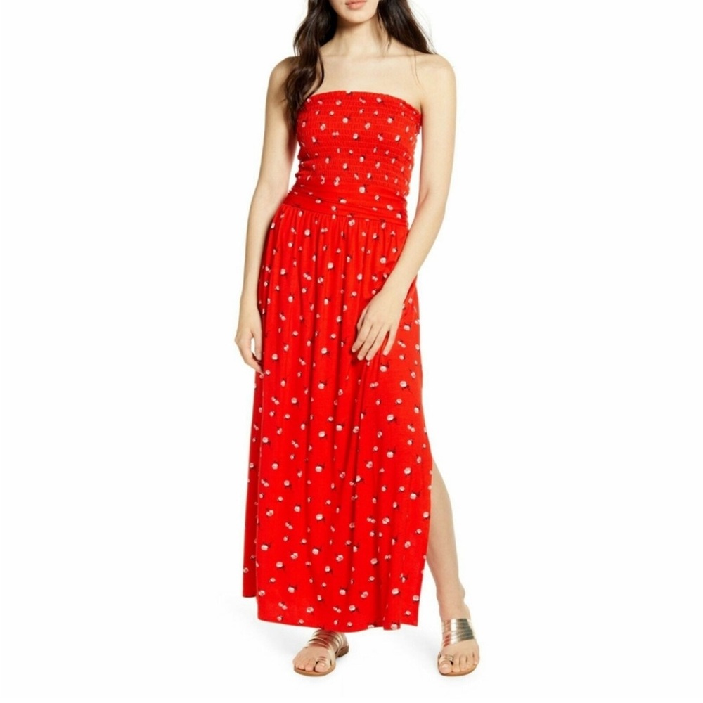 BP Red Strapless Floral Smocked Red Maxi Dress